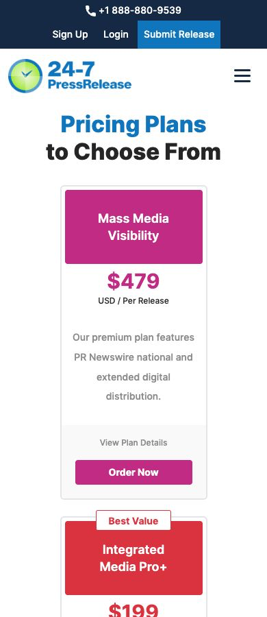 24-7 Press Release mobile pricing showing the Mass Media Visibility plan at $479 USD per release