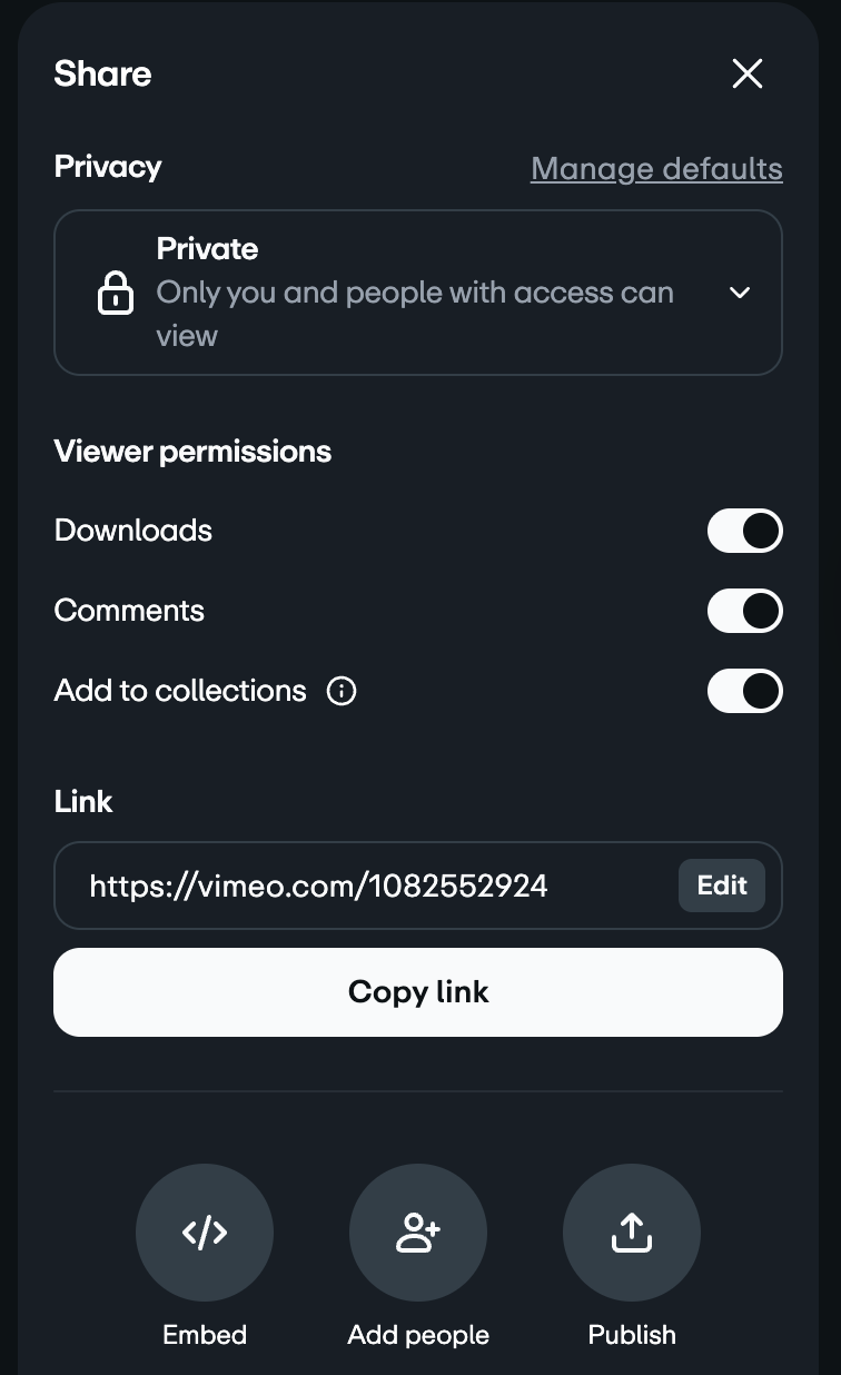 Vimeo provider-supplied Share panel example with privacy, viewer permissions and an Embed option
