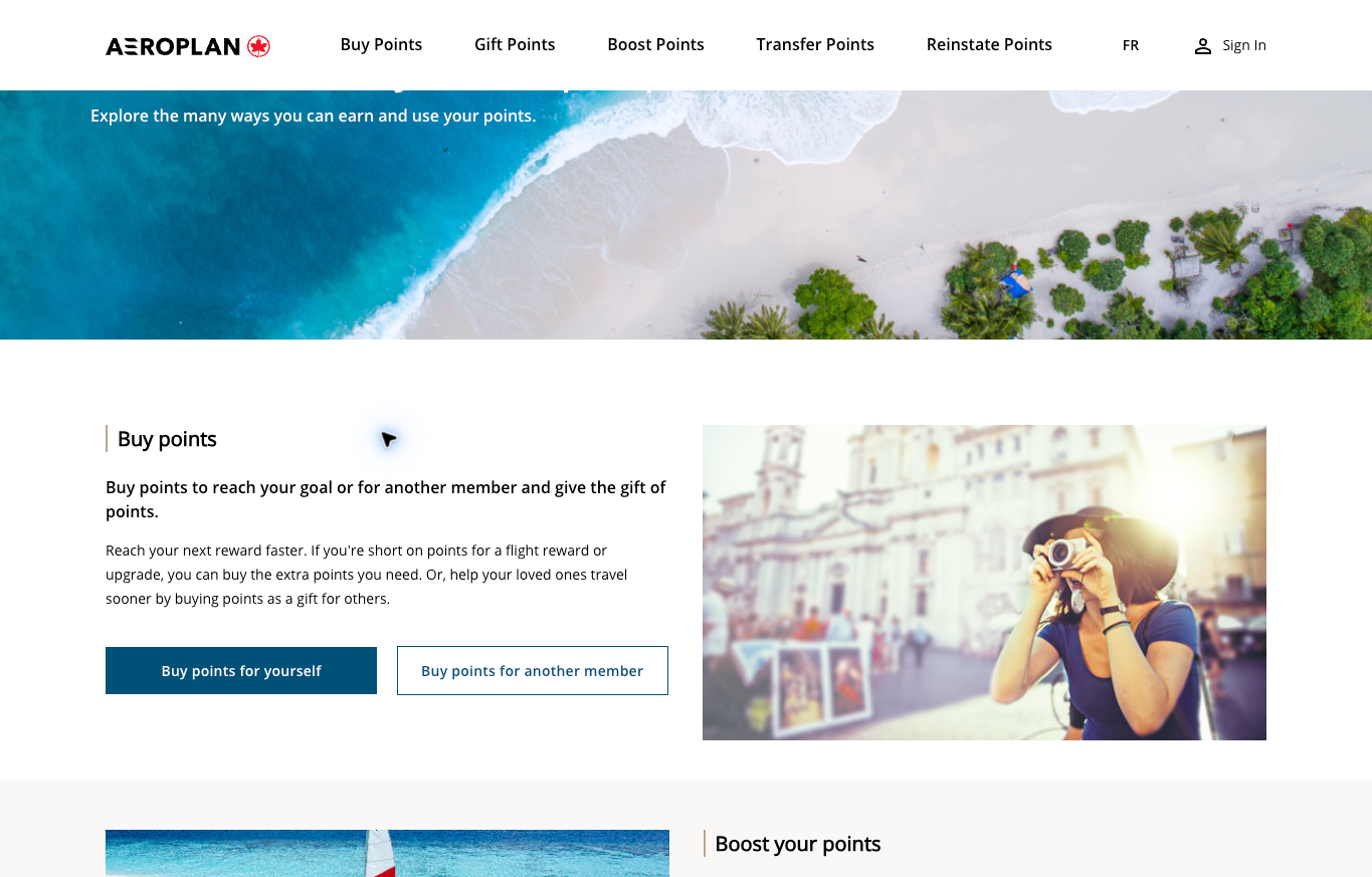 Aeroplan public points gateway showing buy and gift options without account details