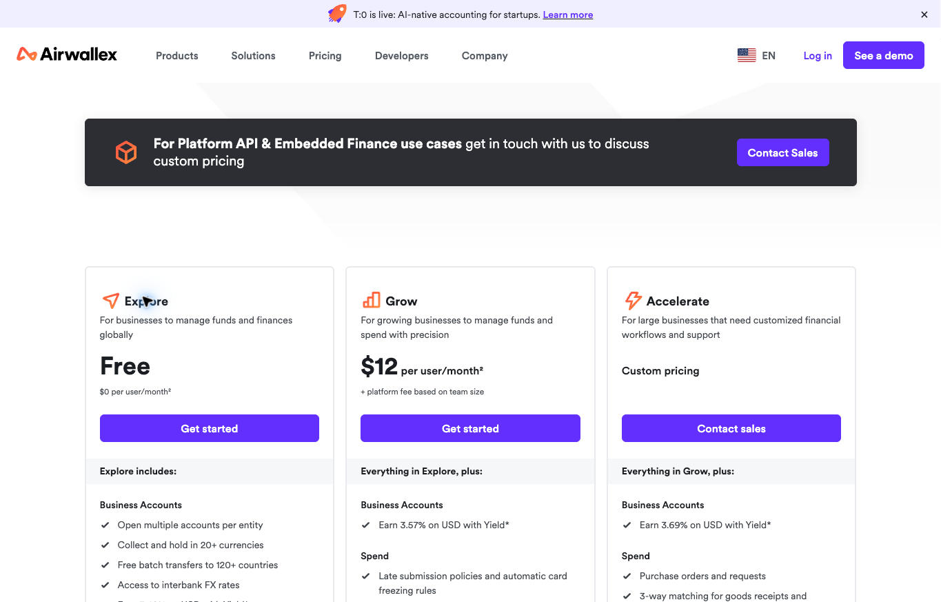 Airwallex US Explore, Grow and Accelerate pricing showing additional platform fee wording