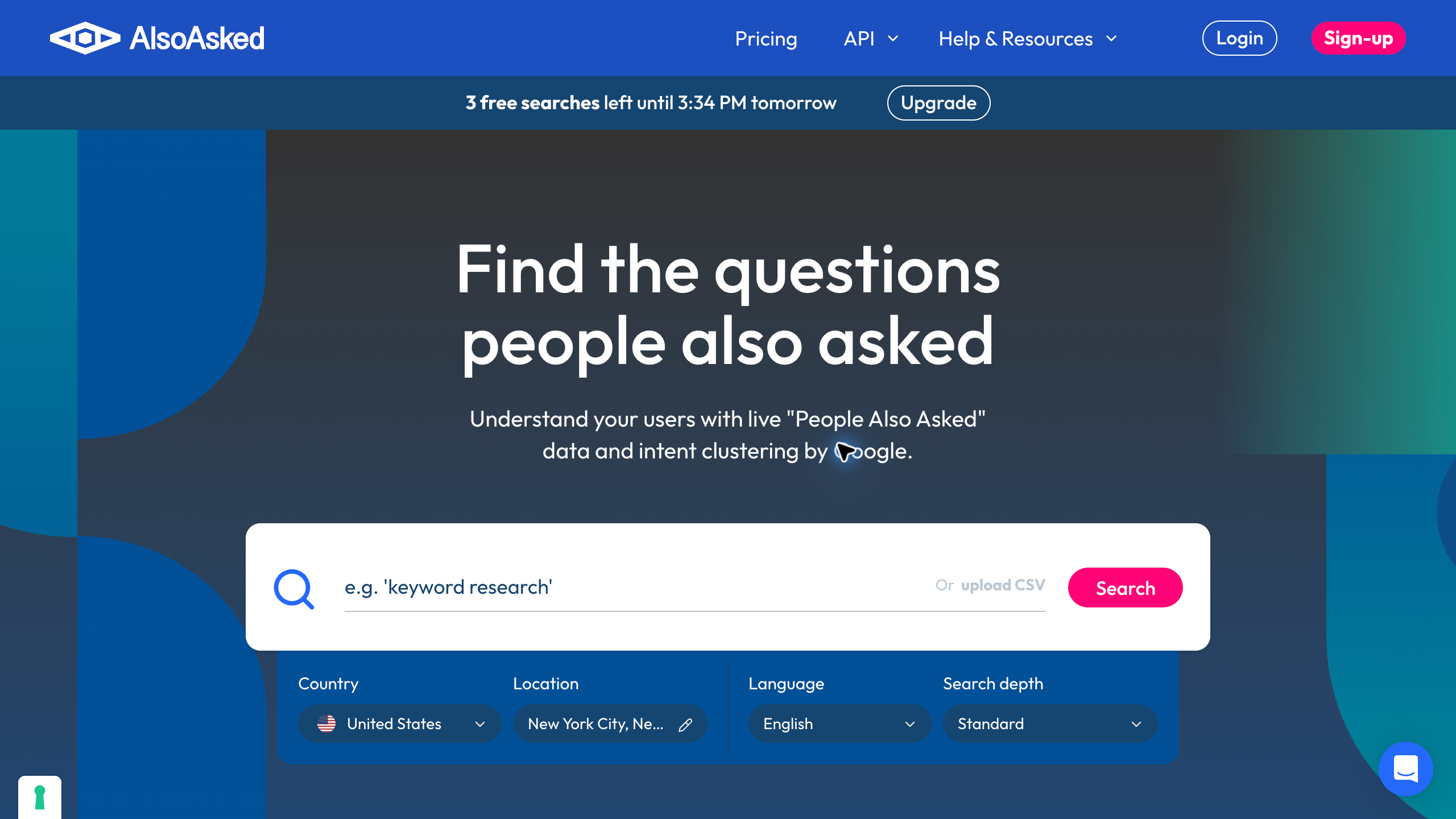 AlsoAsked research interface with country, location, language and search-depth controls