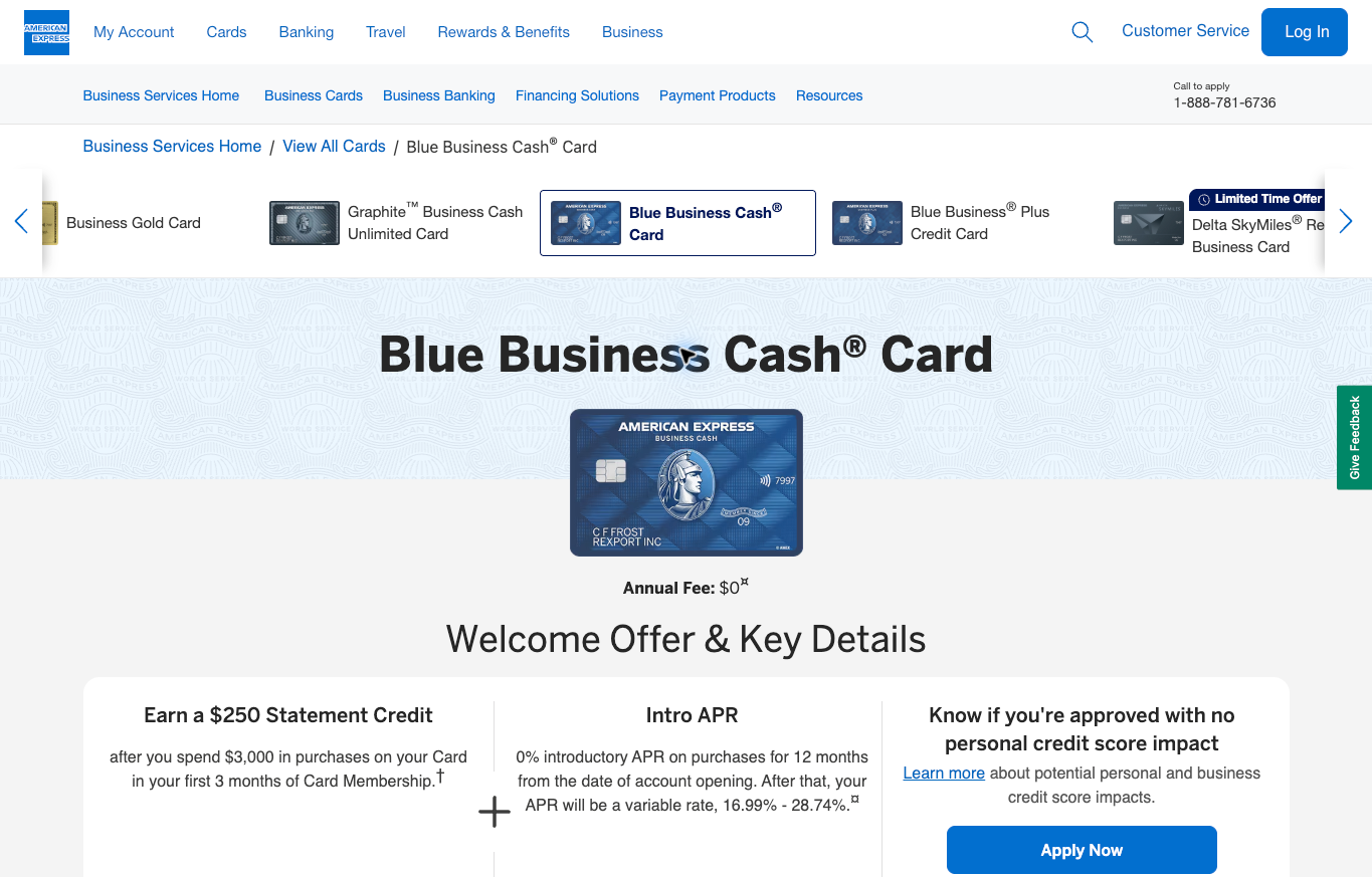 American Express Blue Business Cash public card page with annual fee and purchase APR offer details.