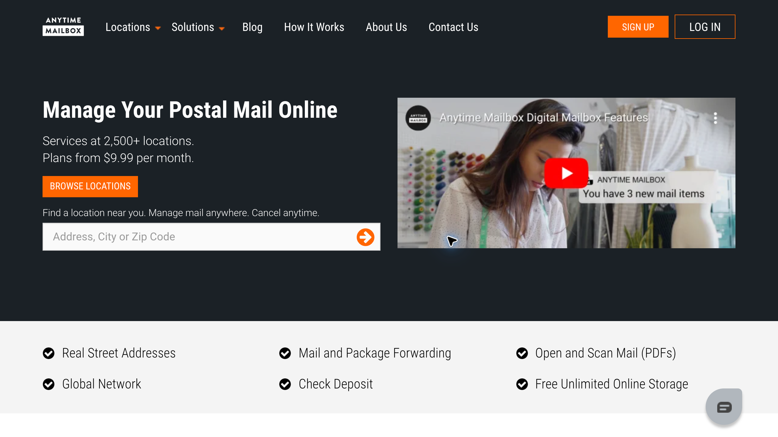 Anytime Mailbox website showing its virtual mailbox service and address search