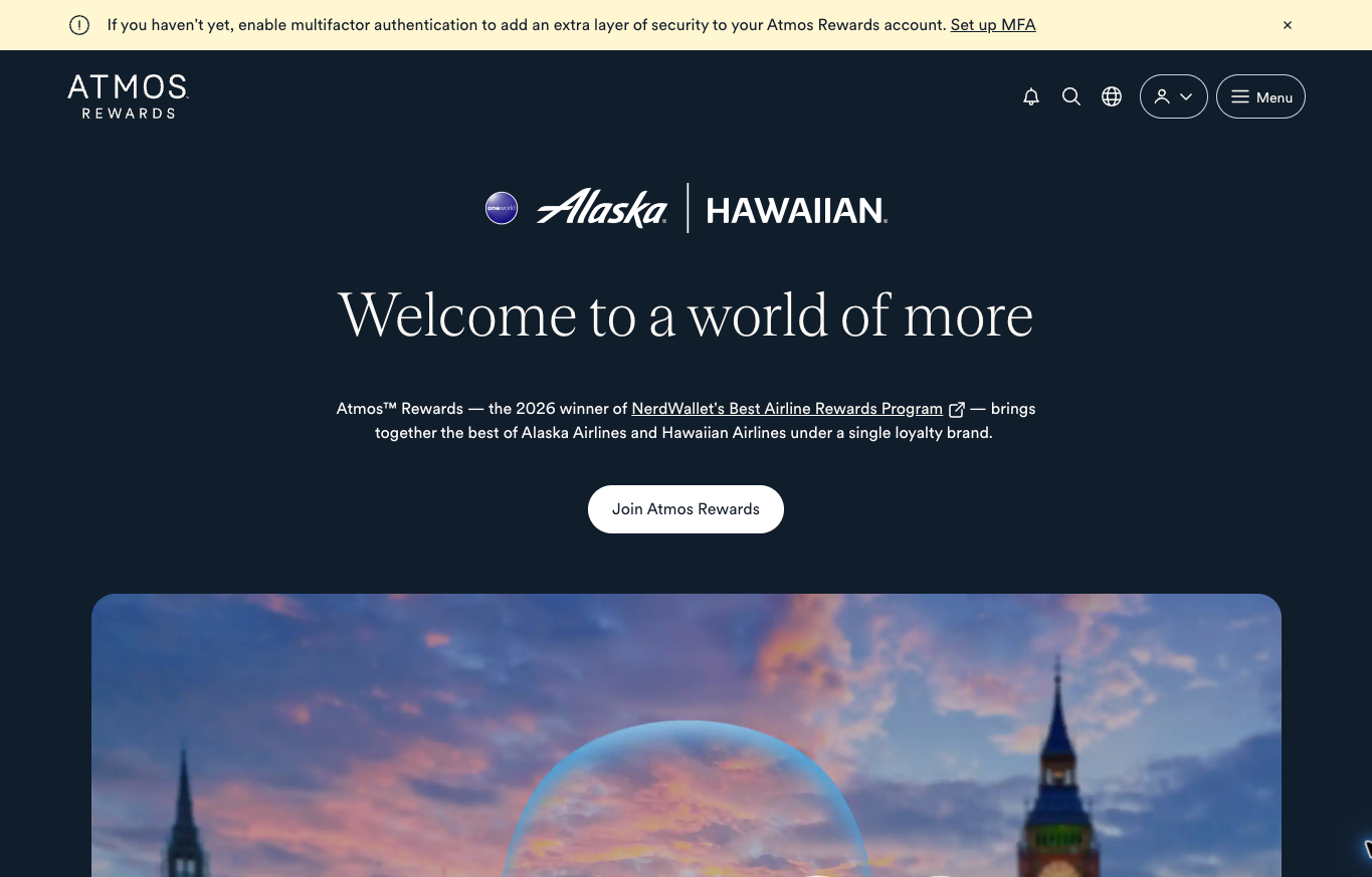 Atmos Rewards official public page identifying the combined Alaska Airlines and Hawaiian Airlines loyalty program