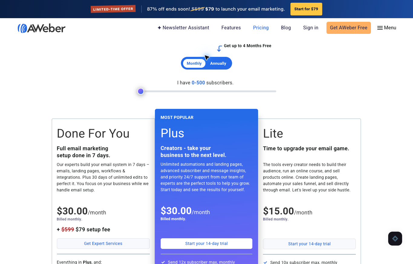 AWeber public monthly pricing showing Plus at $30 and Lite at $15 for 0–500 subscribers