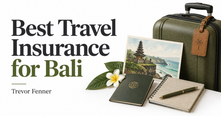 Best Travel Insurance for Bali by Trevor Fenner, with generic travel items and a Bali illustration on white.