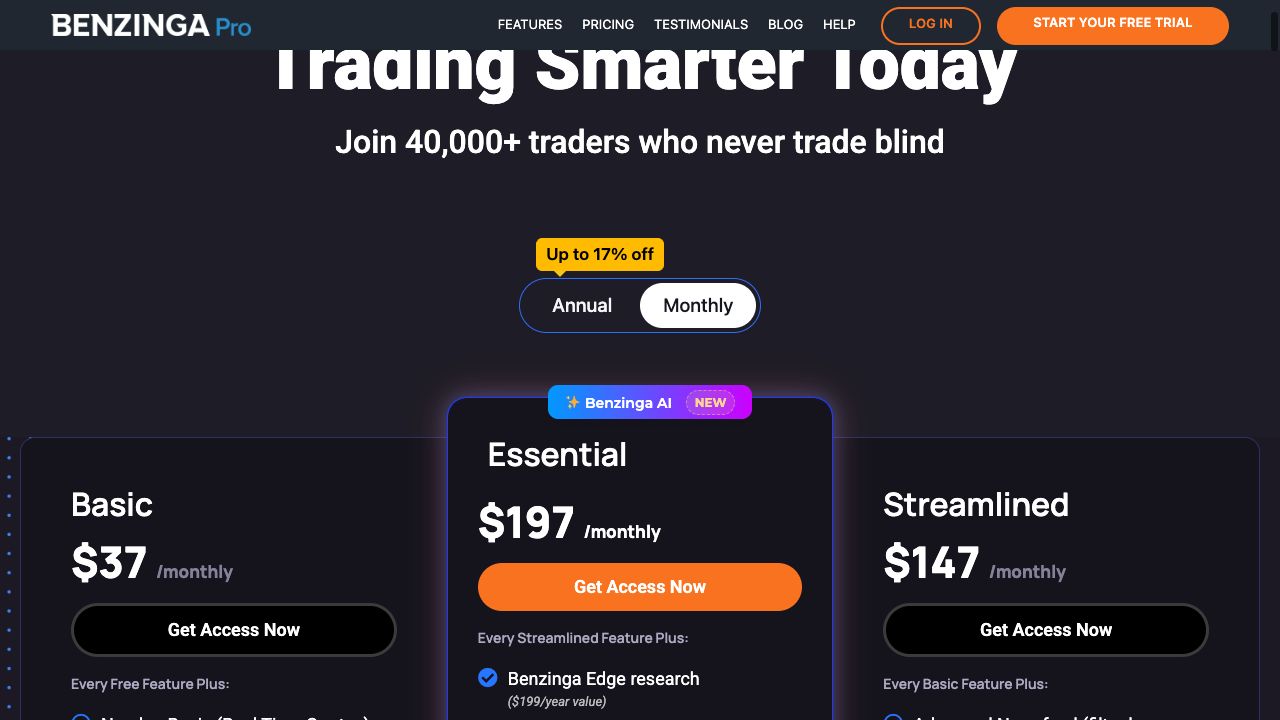 Benzinga Pro pricing with Monthly selected and Basic, Essential and Streamlined tiers