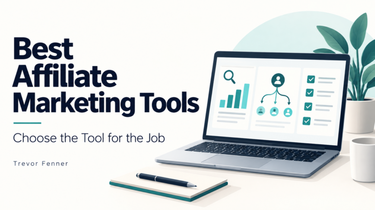 Best Affiliate Marketing Tools by Trevor Fenner, with abstract research, referral and commission-checklist illustrations