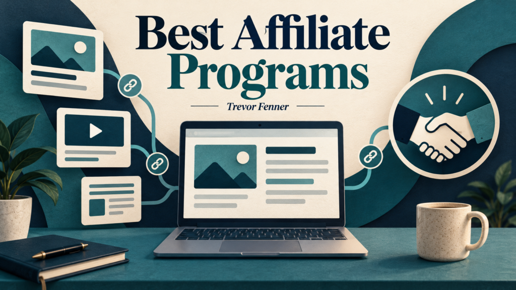 Best Affiliate Programs by Trevor Fenner, illustrated with content cards, referral links and a handshake