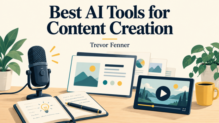 Best AI Tools for Content Creation by Trevor Fenner, with microphone, notes and presentation illustrations