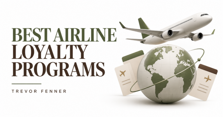 White and olive conceptual airline loyalty cover with a generic airplane, globe and travel cards
