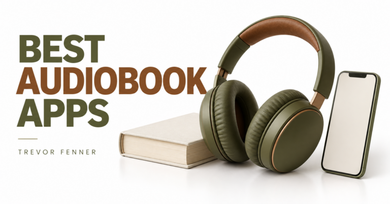 Conceptual audiobook graphic with headphones, a closed book and a blank-screen phone