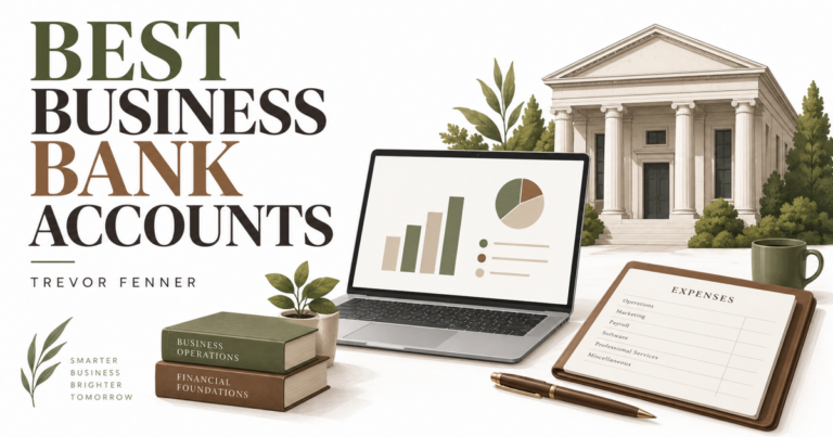 Conceptual business bank comparison graphic with a bank building, laptop and blank expense ledger