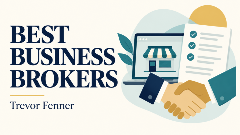 Best Business Brokers by Trevor Fenner, with online storefront, checklist and handshake illustrations