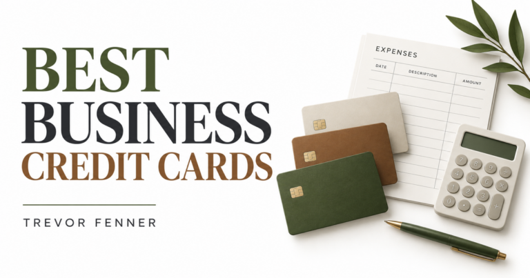 Conceptual business credit card comparison graphic with three generic cards, a blank expense ledger and calculator