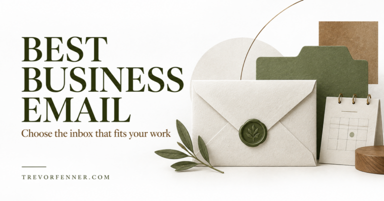 Best Business Email on a white background with an envelope, olive folder and TrevorFenner.com branding.