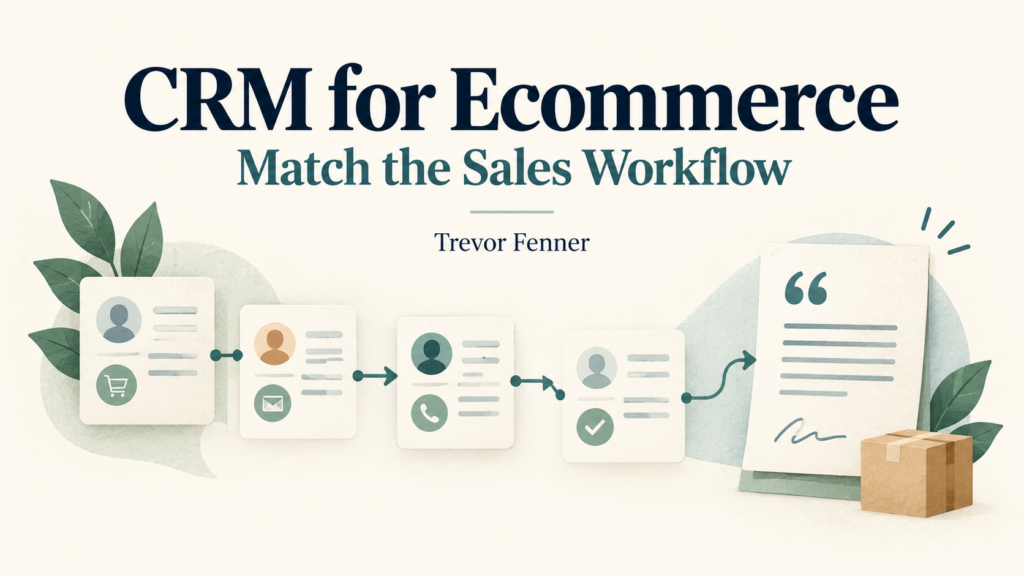 CRM for Ecommerce by Trevor Fenner, with conceptual customer-record and quotation workflow illustrations