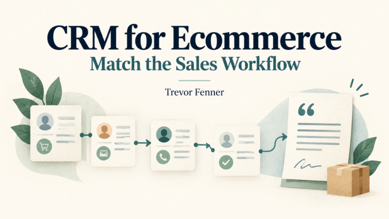 CRM for Ecommerce by Trevor Fenner, with conceptual customer-record and quotation workflow illustrations