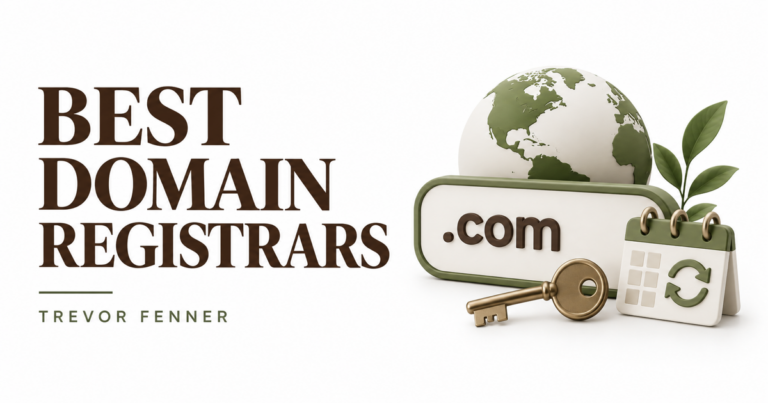 Best Domain Registrars by Trevor Fenner with an olive globe, domain sign and key on a white background.