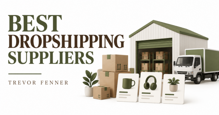 White and olive conceptual dropshipping supplier graphic with a warehouse, truck, boxes and product cards
