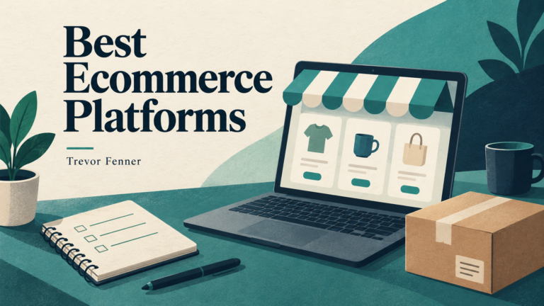 Best Ecommerce Platforms by Trevor Fenner, illustrated with an online storefront, laptop, order package and planning notebook