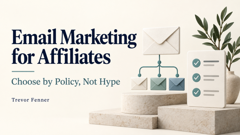 Email Marketing for Affiliates by Trevor Fenner, with conceptual envelopes and a newsletter workflow illustration
