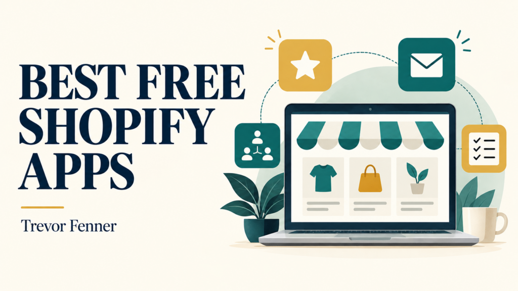Best Free Shopify Apps by Trevor Fenner, with a storefront laptop and review, email, referral and checklist illustrations