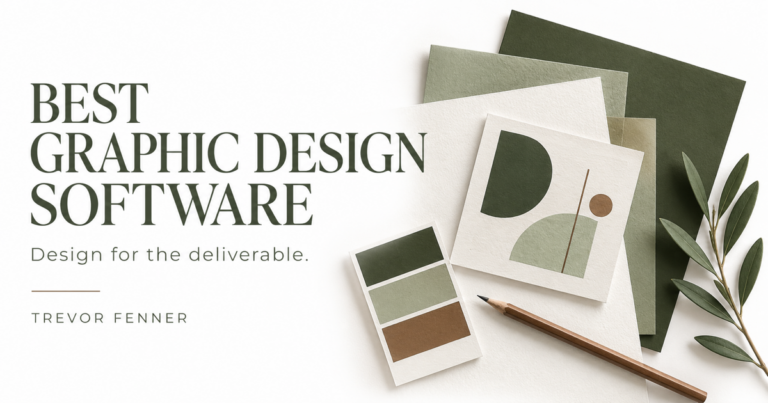 Best Graphic Design Software by Trevor Fenner with olive paper swatches and abstract artwork on white.