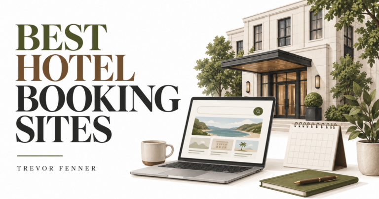 White and olive conceptual hotel booking graphic with a generic hotel, laptop and calendar
