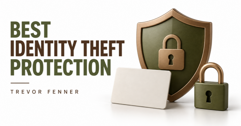 White and olive conceptual identity protection cover with a shield, locks and blank card