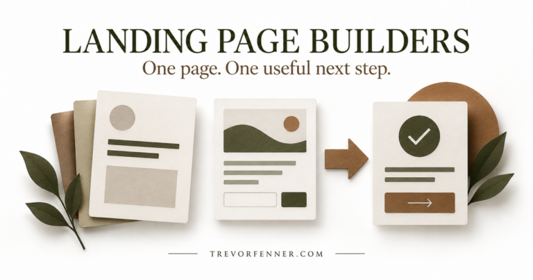 Landing Page Builders with generic page cards on white and TrevorFenner.com branding.