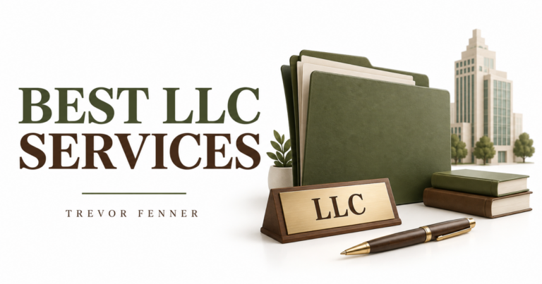Best LLC services conceptual graphic with a document folder, LLC nameplate and pen