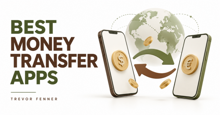 Best money transfer apps conceptual graphic with phones, transfer arrows and a globe