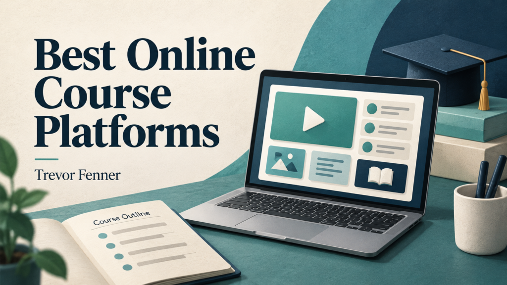 Best Online Course Platforms by Trevor Fenner, illustrated with a laptop, course outline and graduation cap