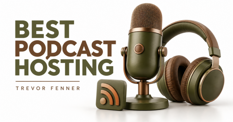 White and olive conceptual podcast hosting cover with generic microphone, headphones and RSS tile