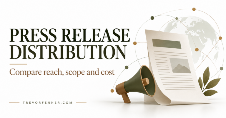 White and olive conceptual press distribution cover with announcement sheet, megaphone and globe