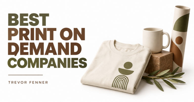 White and olive conceptual print-on-demand cover with a shirt, mug and rolled art print