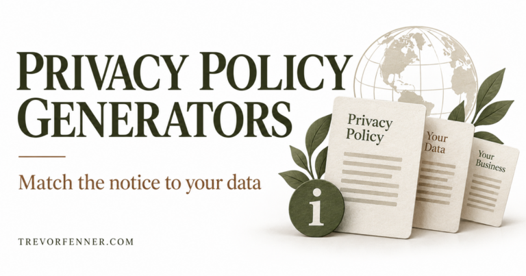 Privacy Policy Generators with generic document cards on white and TrevorFenner.com branding.