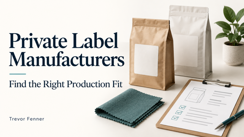 Private Label Manufacturers by Trevor Fenner, with conceptual packaging, fabric and sourcing checklist illustrations