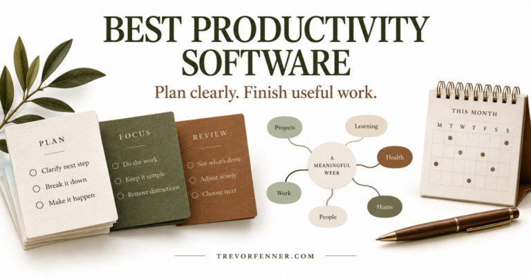 Best Productivity Software on a white background with olive planning notebooks and TrevorFenner.com branding.