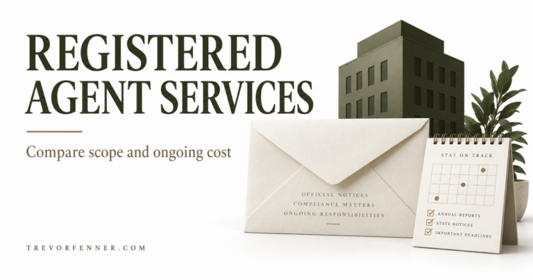 White and olive conceptual registered agent cover with generic building, envelope and calendar