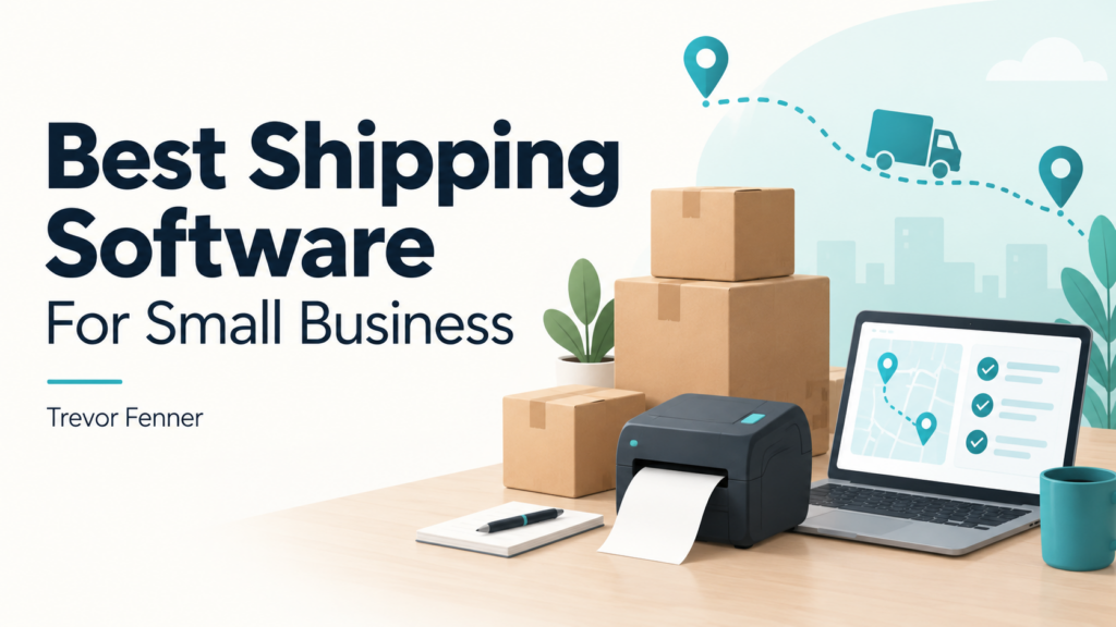 Best Shipping Software for Small Business by Trevor Fenner, illustrated with parcels, a label printer and a laptop
