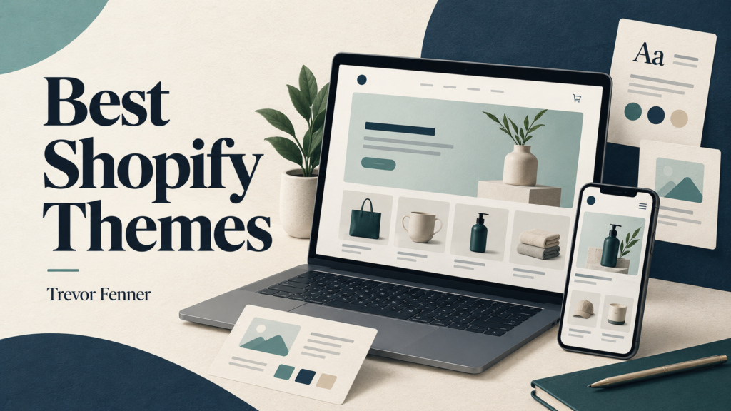 Best Shopify Themes by Trevor Fenner, illustrated with a laptop, phone and storefront layout cards