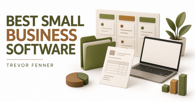 Conceptual small business software graphic with a folder, invoice-like sheet, task board and blank-screen laptop