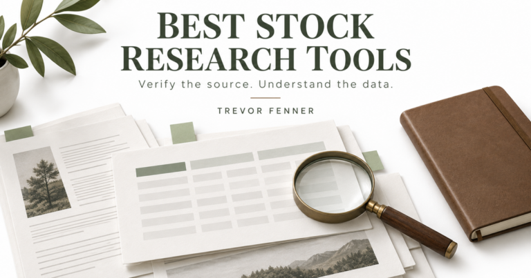 Trevor Fenner stock research cover with a notebook, research papers and magnifying glass on white