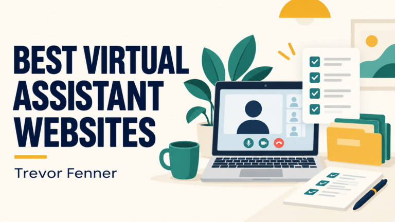 Best Virtual Assistant Websites by Trevor Fenner, with a remote-work laptop, checklist and organized folders
