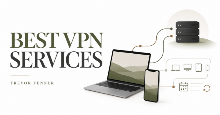 White and olive conceptual VPN cover with laptop, phone and abstract network connections