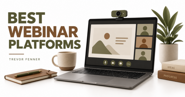 White and olive conceptual webinar cover with laptop, webcam and abstract presentation tiles