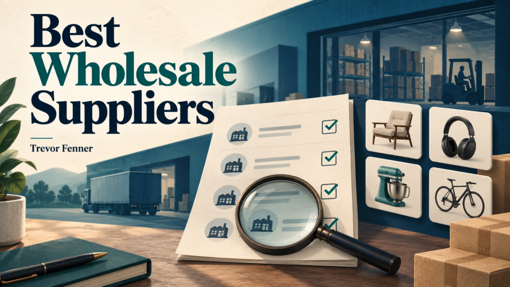 Best Wholesale Suppliers by Trevor Fenner, illustrated with a research shortlist, magnifying glass, warehouse and product cards