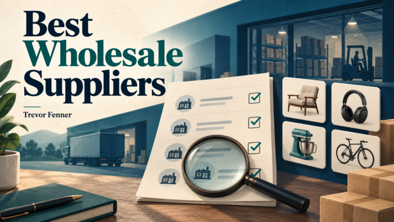 Best Wholesale Suppliers by Trevor Fenner, illustrated with a research shortlist, magnifying glass, warehouse and product cards